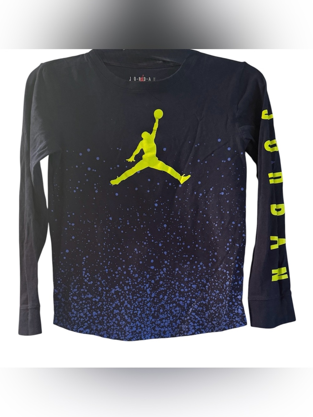 Jordan Long-Sleeve Boy’s Tee - Navy with Neon Yellow Jumpman and Blue Speckle